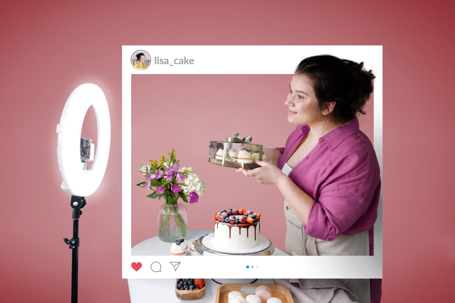 Foto av en kake-influencer som tar bilde av seg selv til Instagram